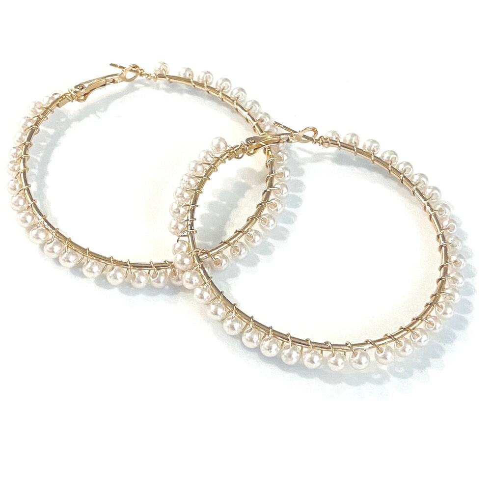 Pearl Gold Hoop Earrings 2 1/2"